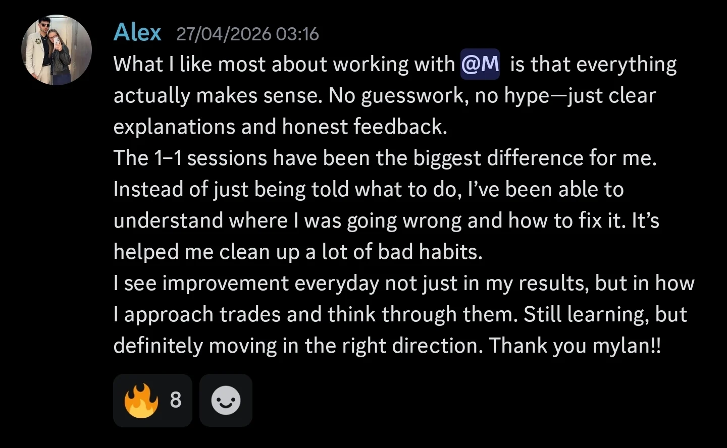 Discord community testimonial from Alex